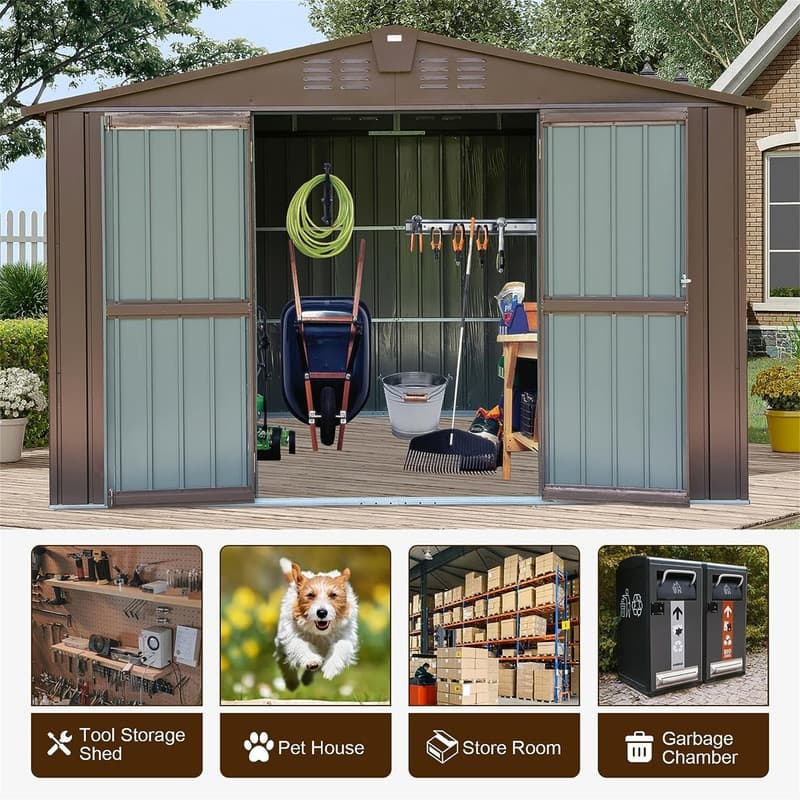 Outdoor Storage Shed 10'x8', Metal Tool Sheds Storage House with Lockable Double Door,Large Bike Shed Waterproof for Garden