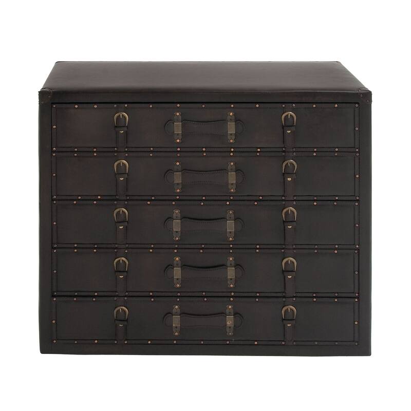 Black Wooden Vintage Faux Leather Room Chest with Buckles and Straps Detailing
