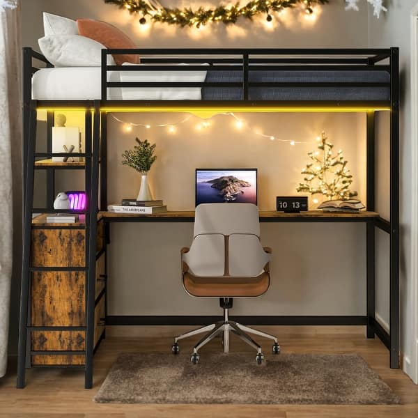 slide 2 of 16, Twin Loft Bed with Desk, Drawers, and LED Lights,Kids Bed Design