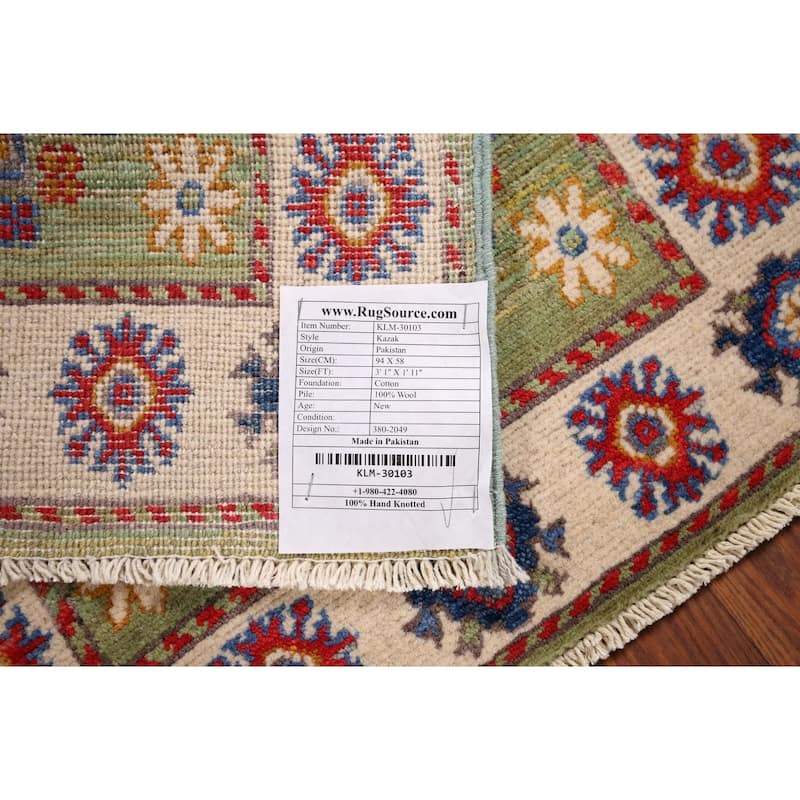 Green Kazak Oriental Accent Rug Hand-Knotted Wool Carpet - 1'11" x 3'1"