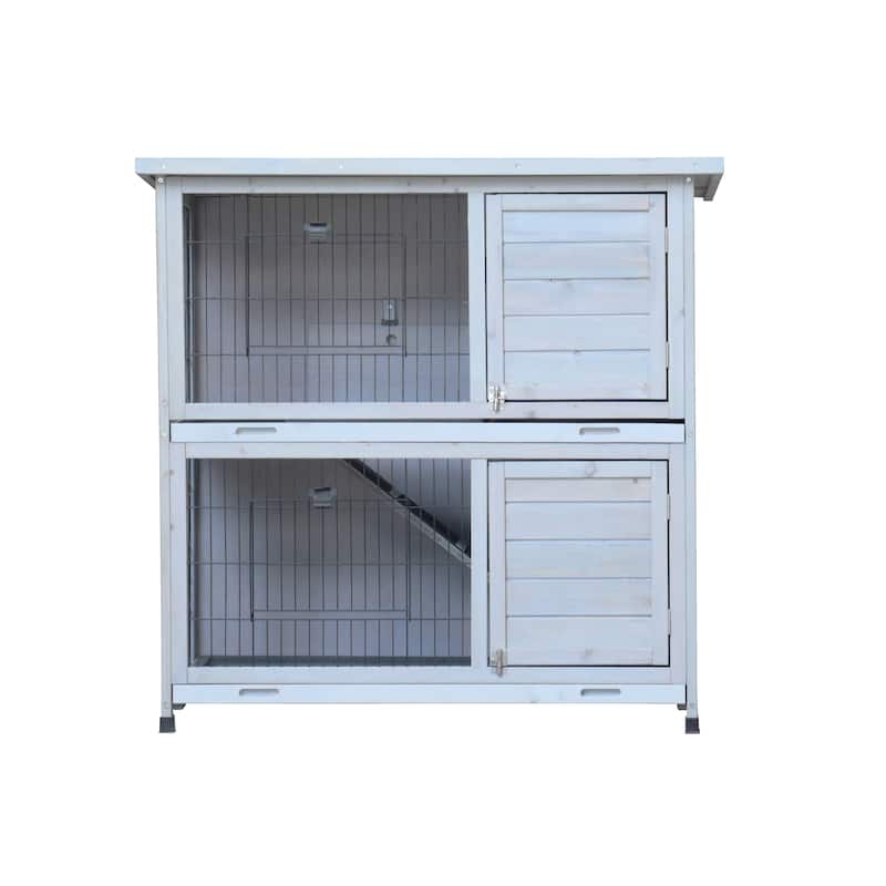 Rabbit Hutch,2-Story Rabbit Bunny Cage Indoor with Run,,2 Removable No-Leak Trays,Pet Cages,Non-Slip Ramp,Waterproof Roof,Fence