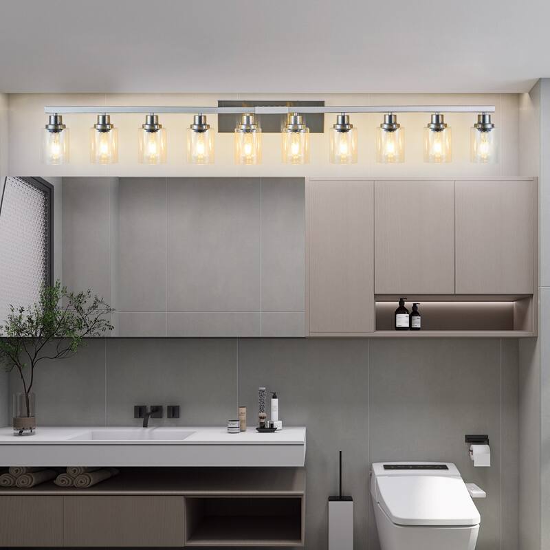10-Light Bathroom Vanity - Clear Glass, Brushed Nickel - Wall Sconce - Chrome
