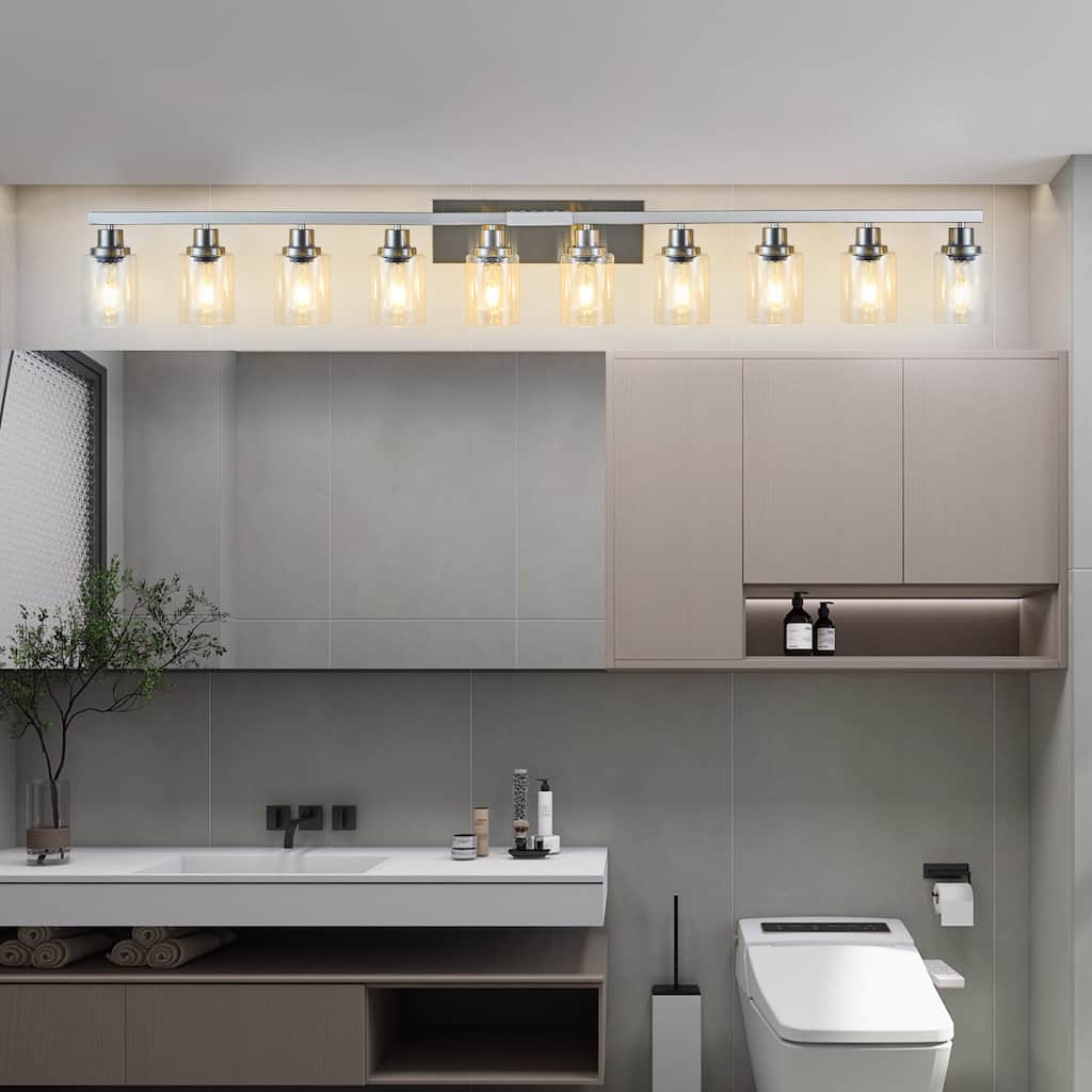 10-Light Bathroom Vanity - Clear Glass, Brushed Nickel - Wall Sconce