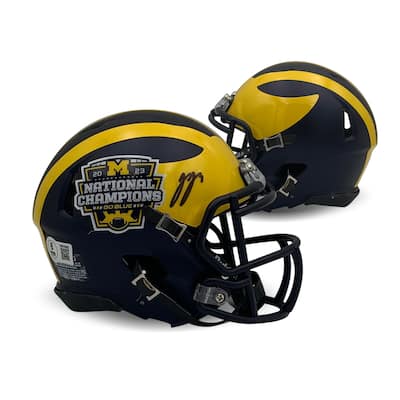 JJ McCarthy Autographed Michigan Wolverines 2023 National Champions Signed Mini Football Helmet Beckett COA - 8'6" x 11'6"