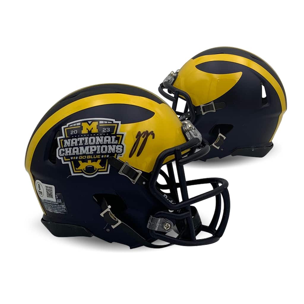 JJ McCarthy Autographed Michigan Wolverines 2023 National Champions Signed Mini Football Helmet Beckett COA - 8'6" x 11'6"