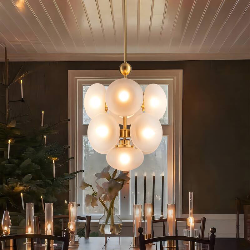 9-Light Modern Glam Gold Cluster Frosted Opal Globe Glass Chandelier for Dining Room, Living Room