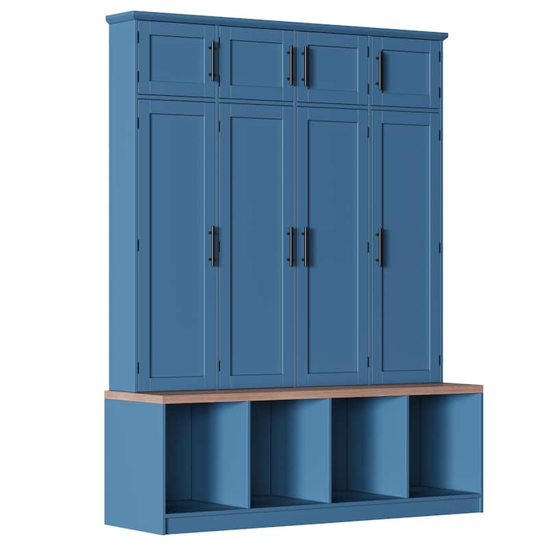 4 Hidden Hanging Hooks,Versatile Walnut Seating Bench With 8 Doors,Entryway Shoe Cabinet With Open Compartments