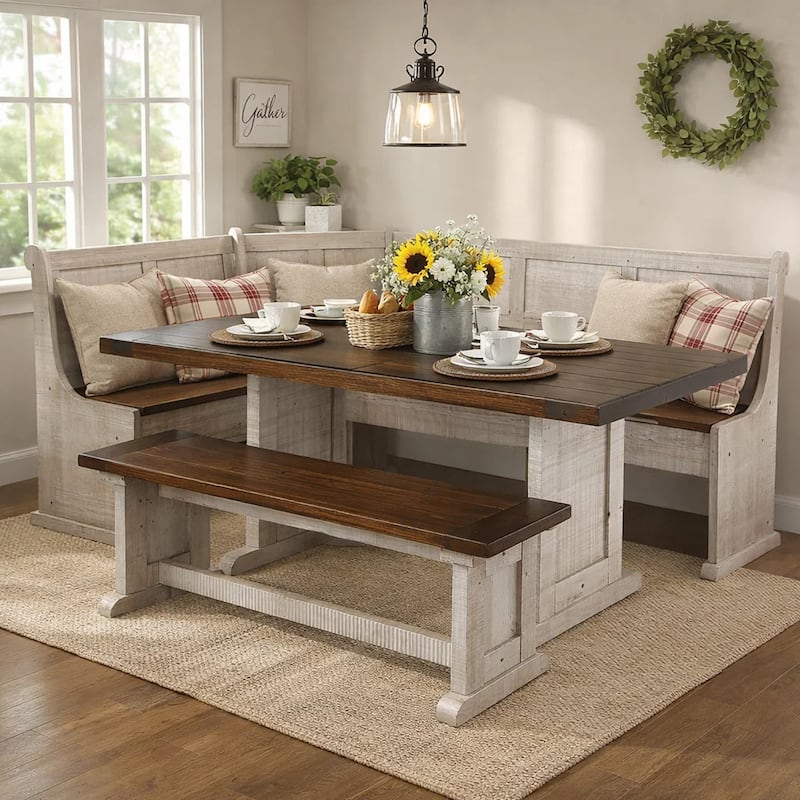 Camie 4pc Corner Breakfast Nook Set, Gray Brown Dining Table and Bench