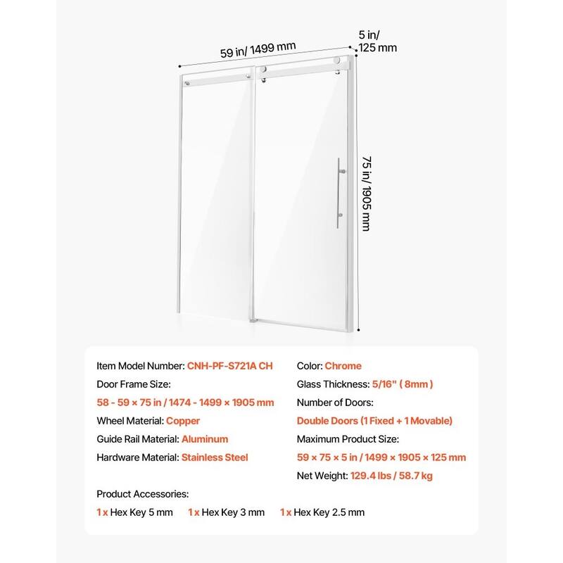 Chrome Frameless Sliding Shower Door Double with Aluminum Rail - 59 x 75 x 5 in