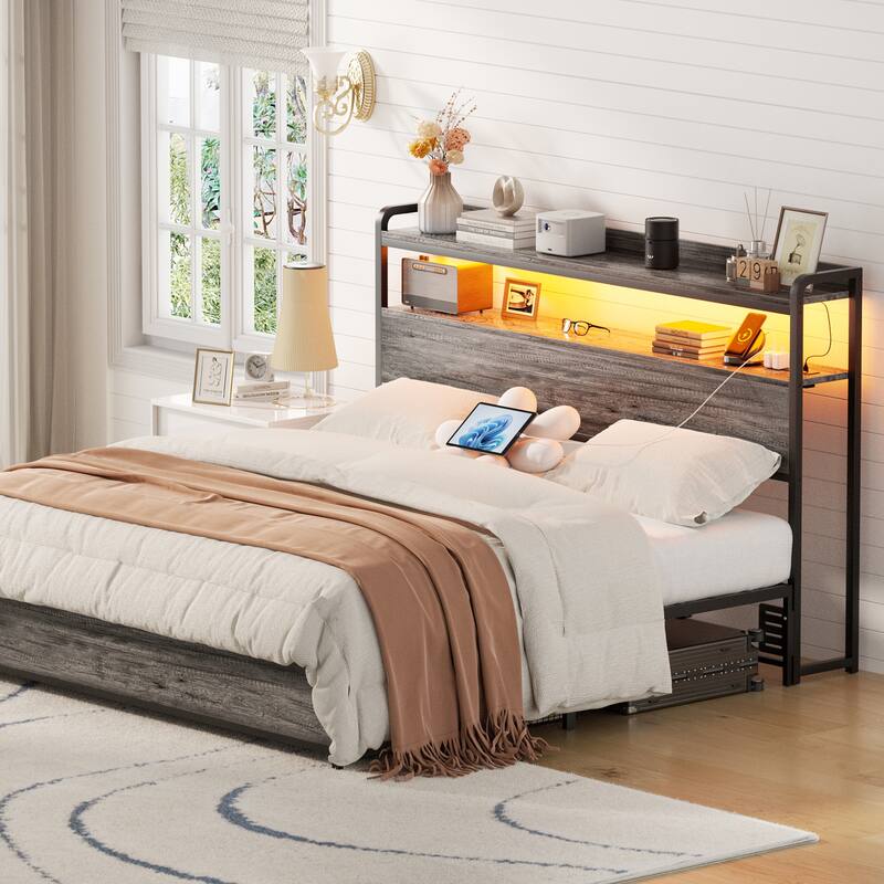 Headboard with Storage Drawers and LED Light, Head Board with Outlets, USB Ports