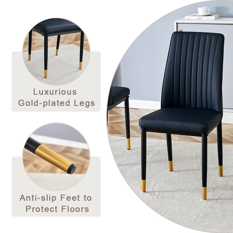 A 42-inch round black dining table with a granite top and stainless steel legs, paired with four PU material dining chai