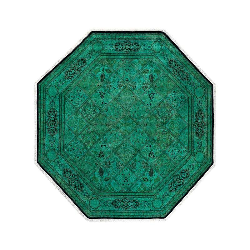 Overton Hand Knotted Wool Vintage Inspired Modern Contemporary Overdyed Green Octagon Area Rug - 7' 1" x 7' 1"