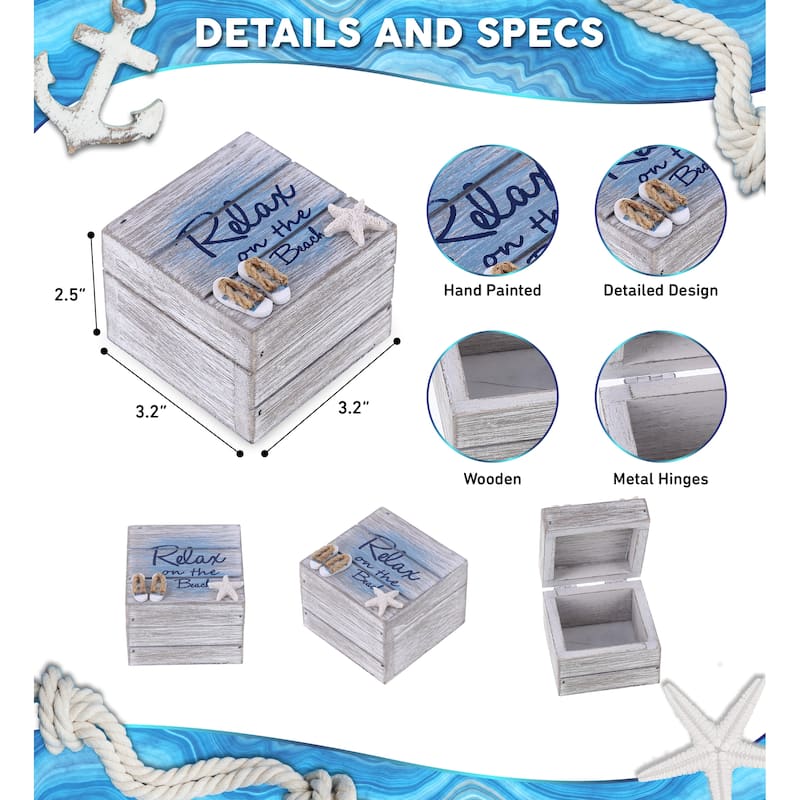 CoTa Global Aqua Sky Relax Wooden Box with Sandals & Starfish Decor - 3.2″Lx3.2″Wx2.5″H