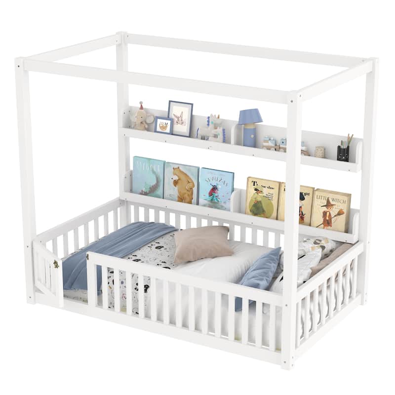 Twin Size Canopy Bed with Guardrails, Solid Wood Floor Bed with Shelves, Montessori Floor Bed Frame, No Spring Box Needed