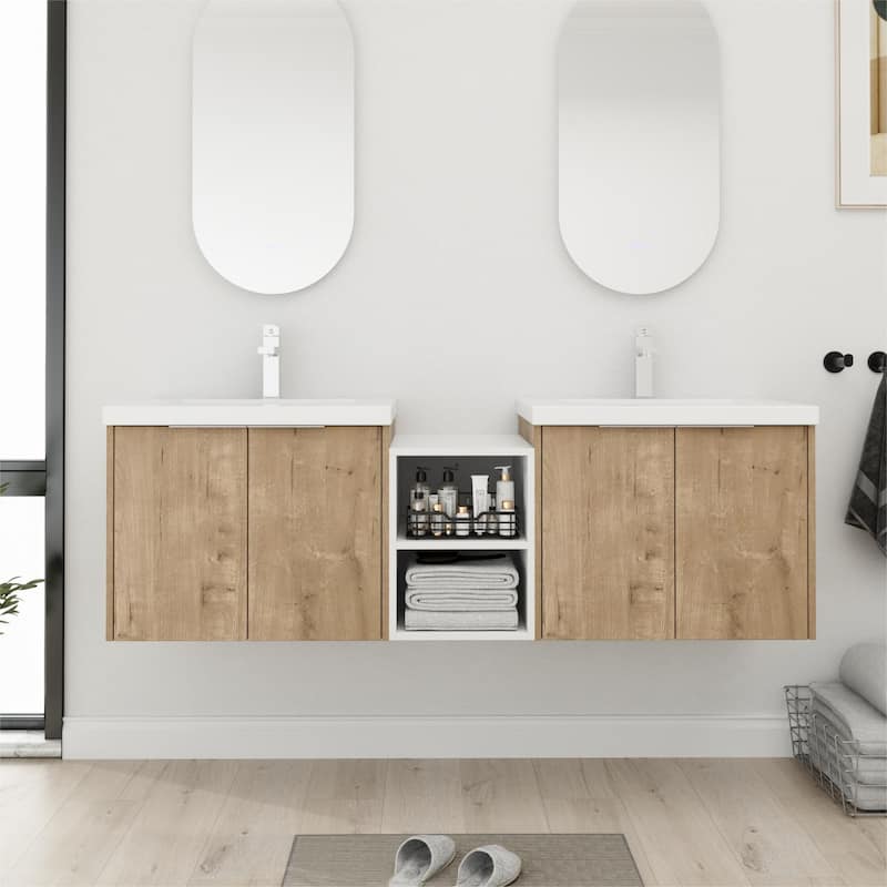 Bathroom Vanity With Sink In 24/36/48/60/72/84 Inch, Floating Bathroom Vanity With Soft Close Door and Shelf - 59.4''W - ImitativeOak