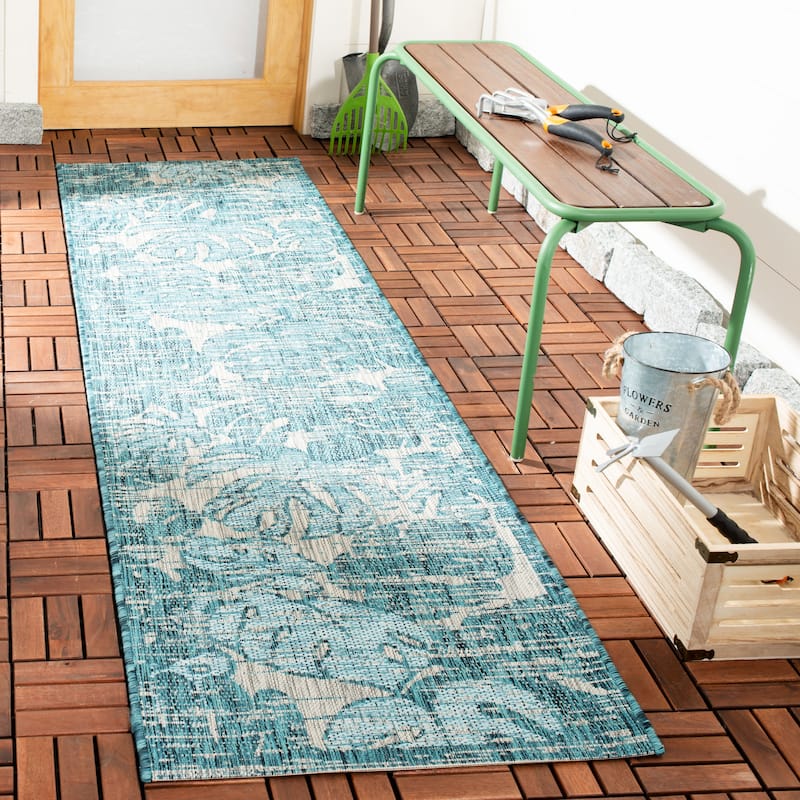 SAFAVIEH Courtyard Zuleyha Indoor/ Outdoor Waterproof Patio Backyard Rug - 2'3" x 8' Runner - Grey/Aqua