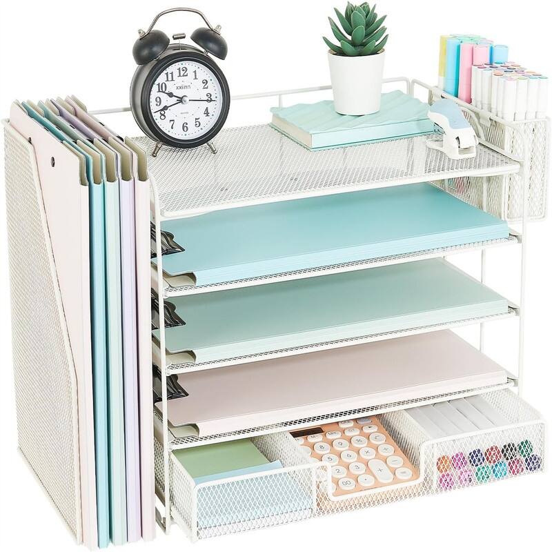 5 Tier Desk Accessories & Workspace Desk - 16.15"D x 9.45"W x 11.25"H - White