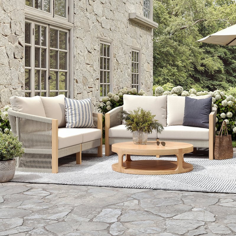 Jagger Farmhouse Patio Seating with Solid Acacia Wood Frame, Cushions, and Rope Accent