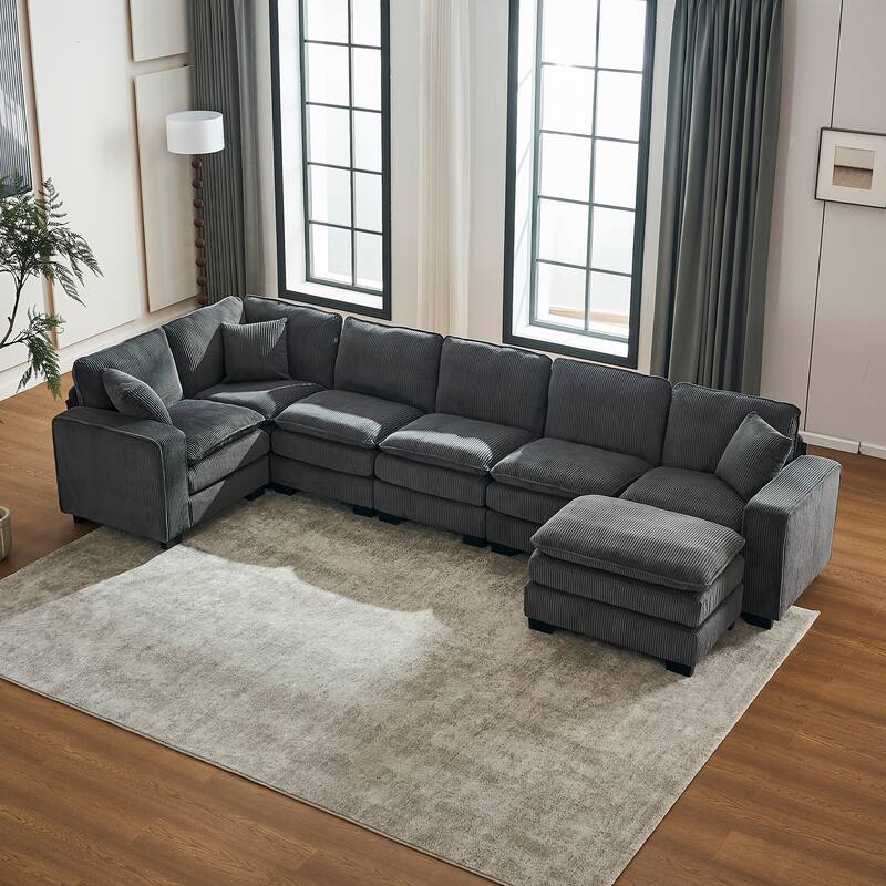 Modern U Shaped 6-seat Sectional Corduroy Sofa Couch with one Ottoman and three toss pillows ,Modular Sofa for Living Room