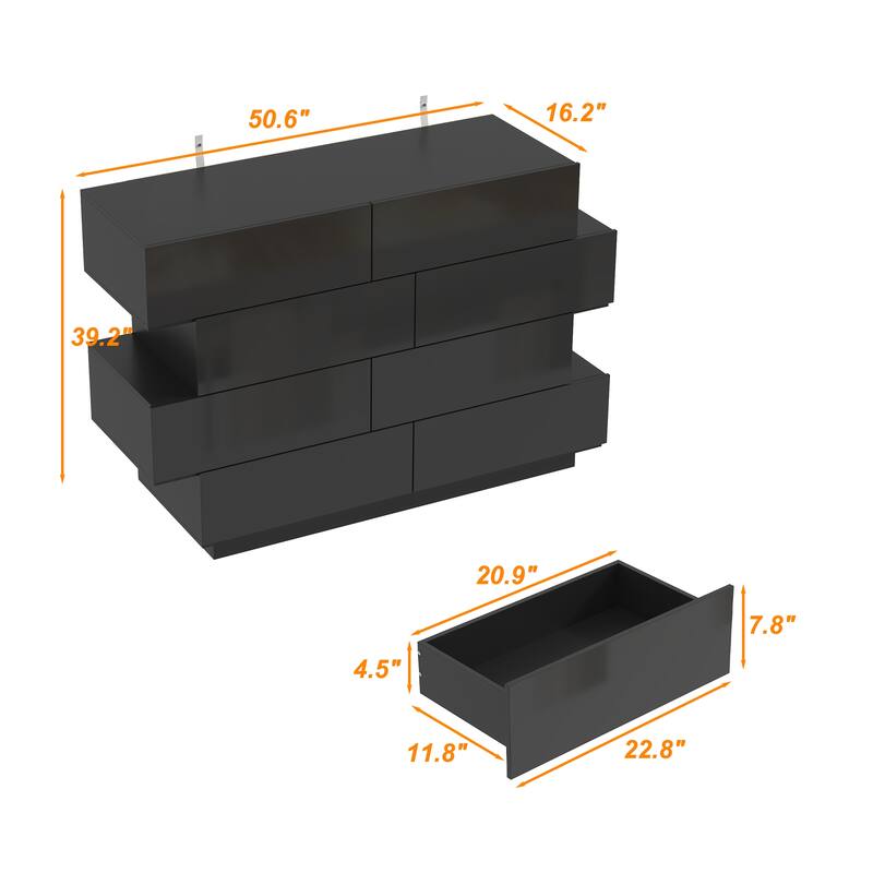 Sleek High Gloss White Eight-Drawer Dresser, Storage Unit Chest