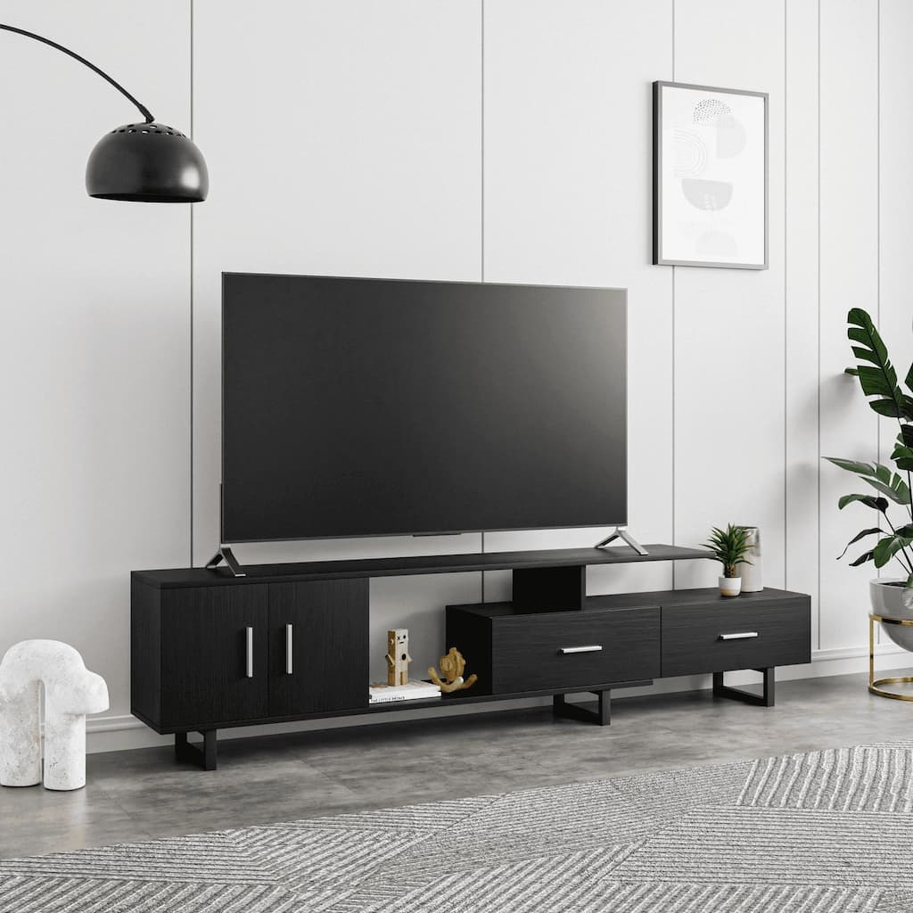 Avery 55 Inch Modern TV Stand with Steel Base, 2 Drawers, and Open Shelves - Entertainment Console for Living Room or Bedroom