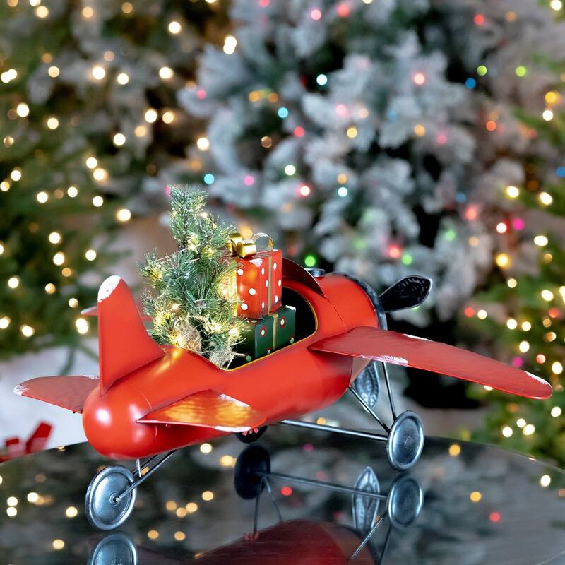 Small Red Airplane with Lighted Christmas Tree and Gifts - 29.5" L x 22" W x 12" H
