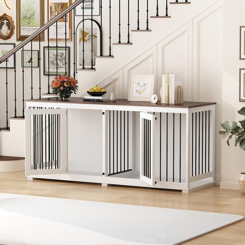70.9" Large Double Wooden Dog Crate Furniture, Kennel with Dividers