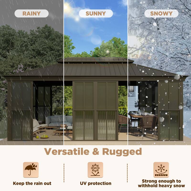 Hardtop Gazebo with Double Steel Roof, Sliding/Lockable Doors & Screens - All-Season Rustproof Aluminum Frame，Advanced Drainage