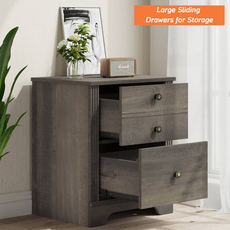 2 Drawer Wood End Table with Charging Station for Bedroom Living Room