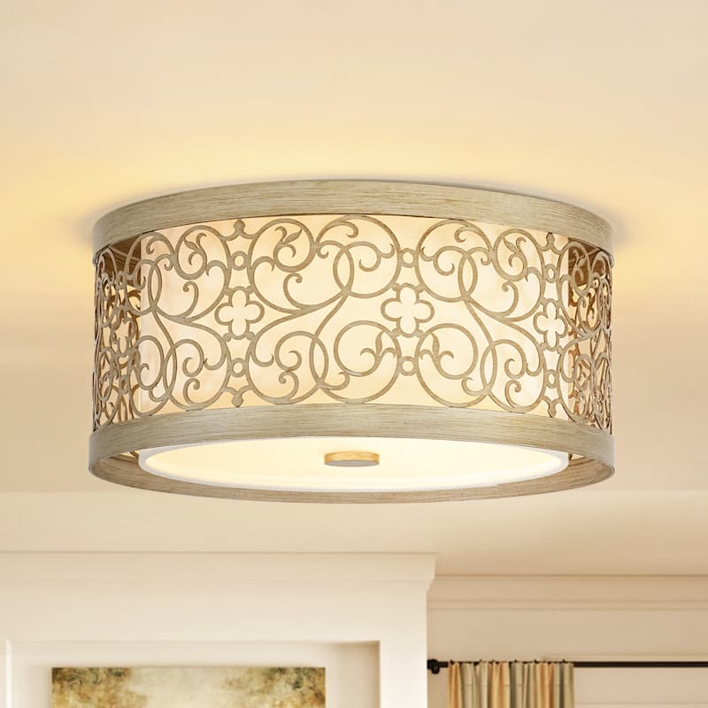 2-Light Mid-Century Modern Unqiue Handcrafted Sunset Gold Flush Mount Light with White Fabric Shade for Living Room & Bedroom - 14.7 in. W x 6.8 in. H x 14.7 in. D - Gold/White