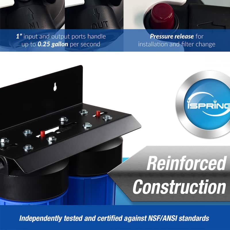 iSpring 2-Stage Whole House Water Filtration System w/ Push-Fit Stainless Steel Hose Connectors and Ball Valve