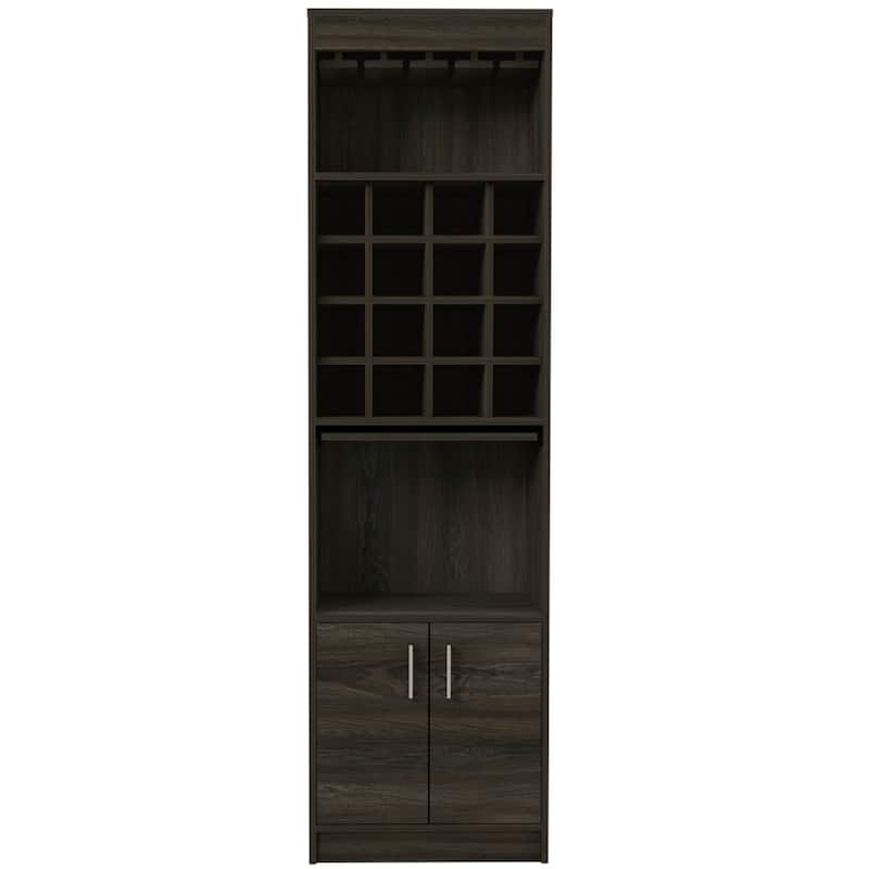 TUHOME Kava Bar Cabinet with 16 Wine Cubbies, 12 Glass Racks, 1 Shelf, Concealable Serving Tray, and Double Door - N/A