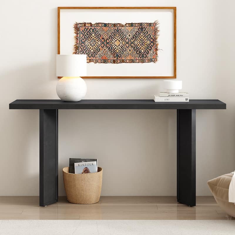 63" Extra Long Entryway Console Table, Modern Living Room Pine Veneer Sofa Table with Geometric Shaped Legs