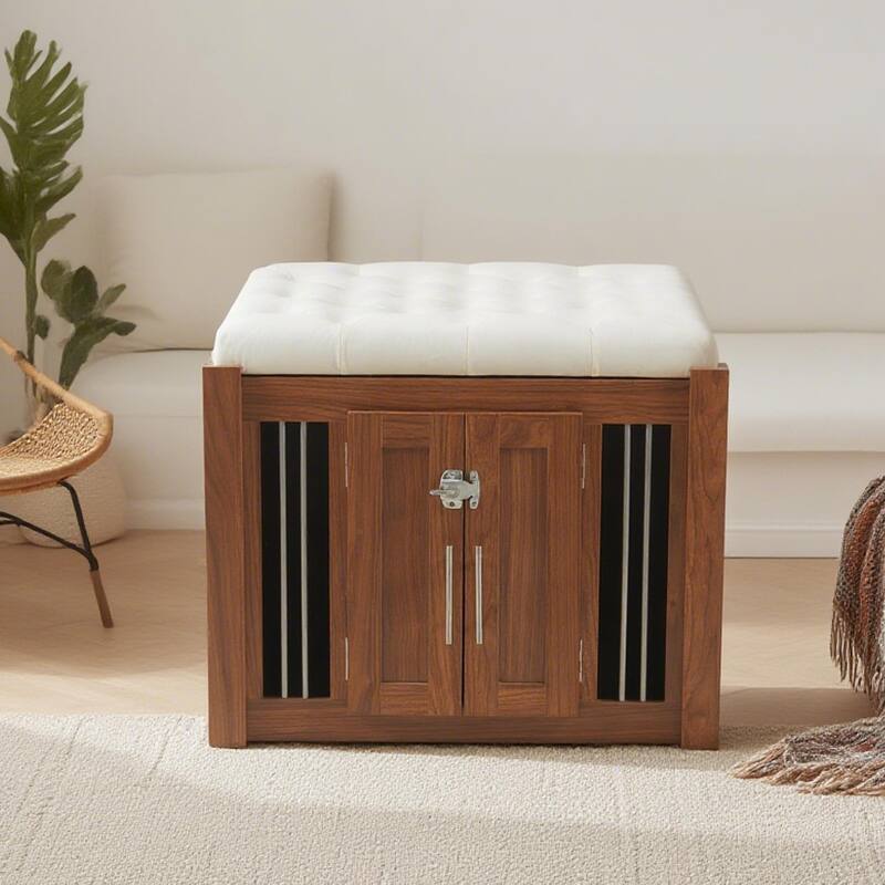 30.25"L, Furniture Style 2 in 1 Dog Crate with Padded Seat, Sliding Barn Door, Luxury Wooden Dog Kennel