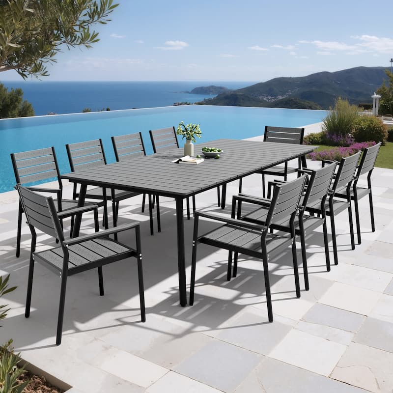 11PC Outdoor Patio Dining Set Aluminum Umbrella Hole Wood Like Table with Stackable Armrest Chairs - Grey