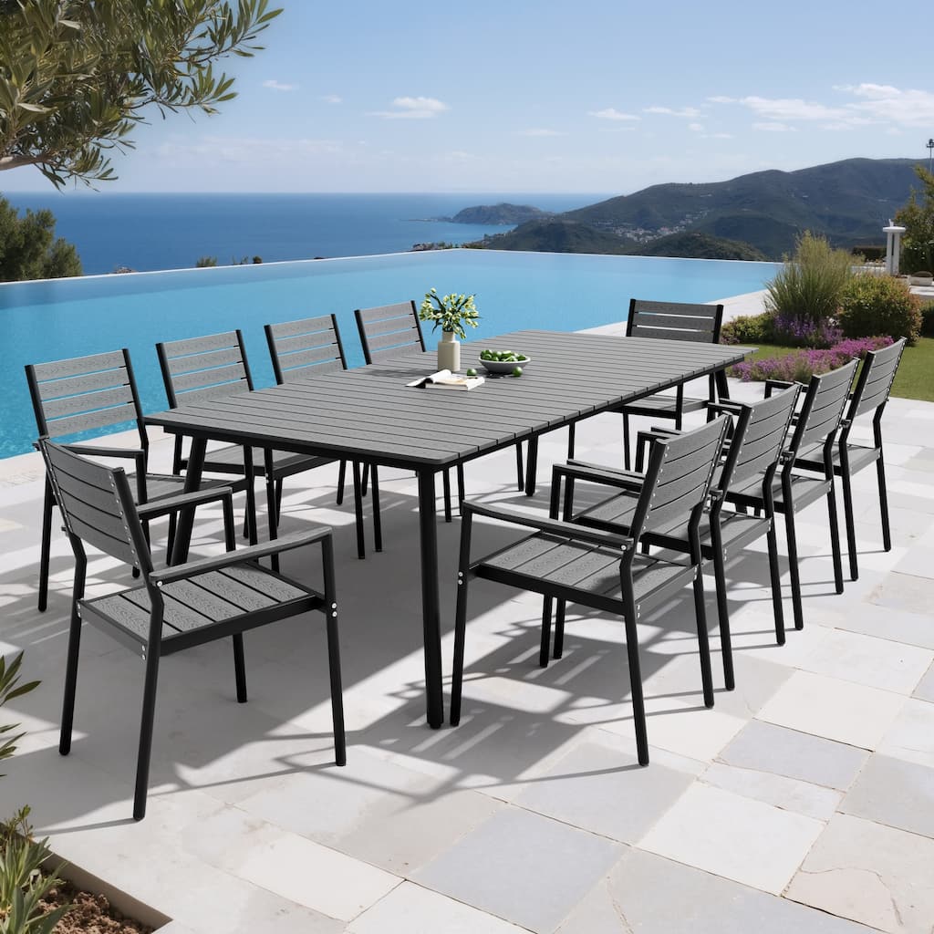 11PC Outdoor Patio Dining Set Aluminum Umbrella Hole Wood Like Table with Stackable Armrest Chairs