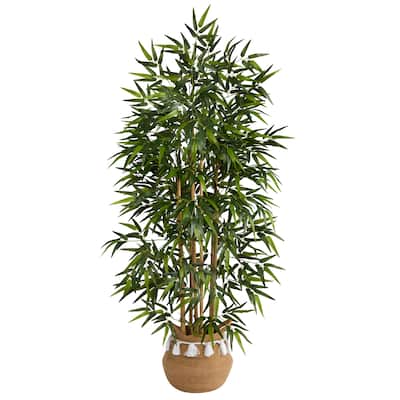 64" Bamboo Artificial Tree with Natural Bamboo Trunks in Boho Chic Handmade Natural Cotton Woven Planter with Tassels