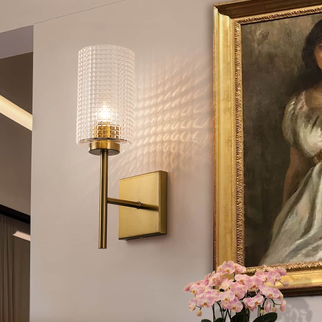 Jzverne 1-Light Vintage Wall Sconce with Grid Glass Shades for Bathroom Hallway