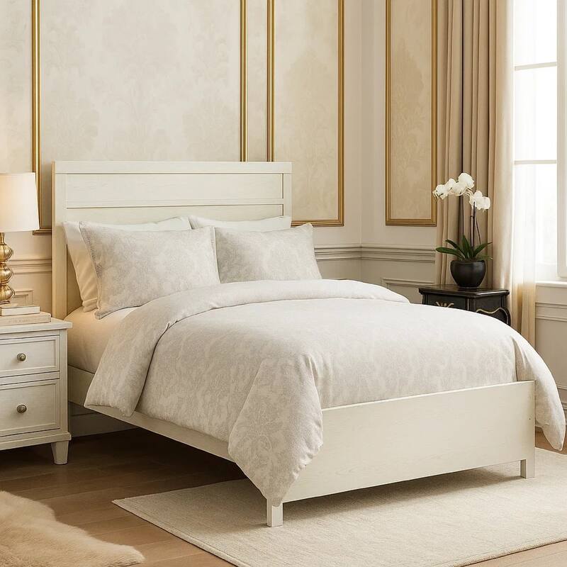 Tely Queen Size Bed w Plank Panel Headboard, Modern Farmhouse White