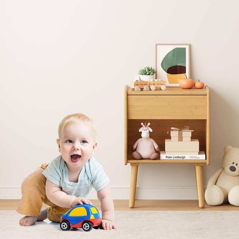 Nightstand With Drawer And Open Compartment, Solid Wood Legs