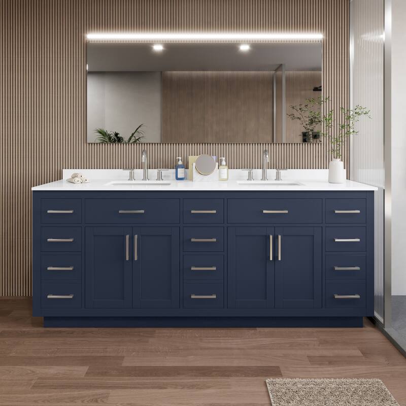 Wyndham Collection WCG262684D-QTZ-US3MXX Beckett TK 84" Free Standing - Dark Blue / White Quartz Top / Brushed Nickel