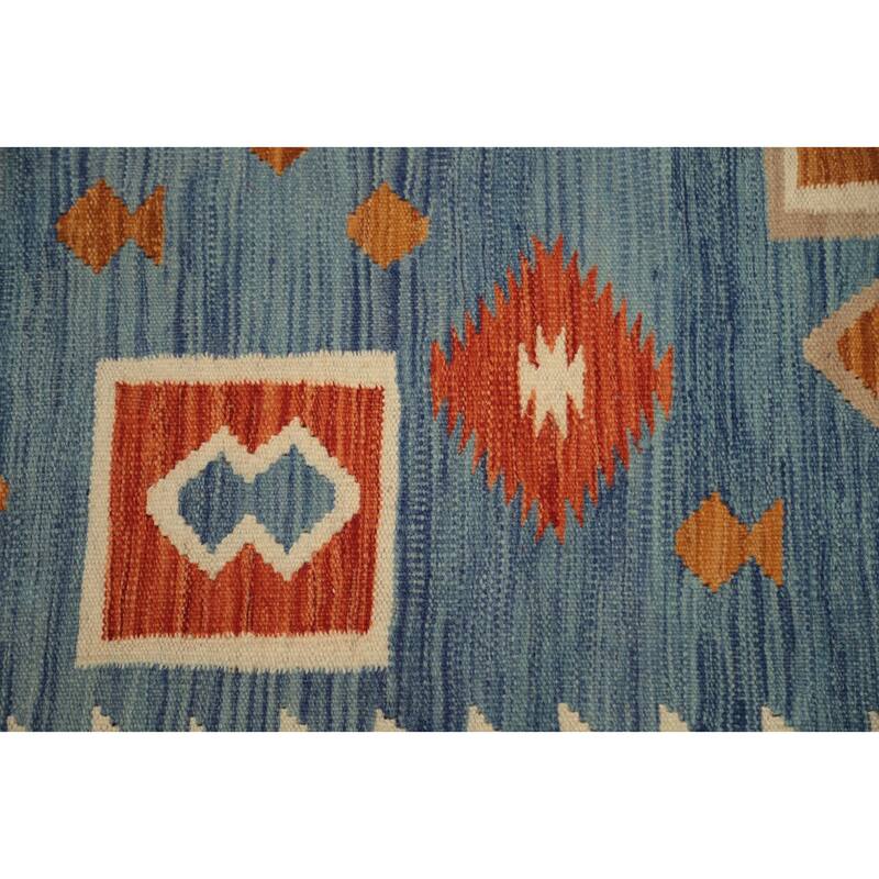 Hand Woven Oriental 100% Wool Carpet Southwestern Tribal Navy Blue & Blues Kilim Area Rug - 8' 2'' X 4' 11''