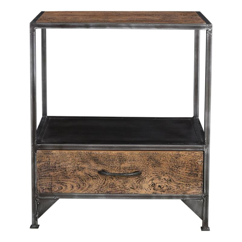 HomeRoots 28" Brown And Dark Gray Steel and Solid Wood Distressed One Drawer Nightstand