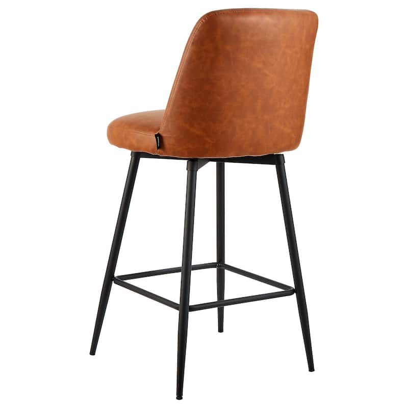 Brown PU Leather Cushion Swivel Counter Height Bar Stool with Iron Pipe Frame and Footrest for Kitchen Island