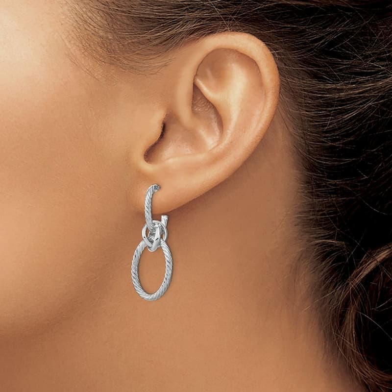 Curata 14k White Gold Polished Textured Oval Post Long Drop Dangle Earrings 31.9x13.87mm