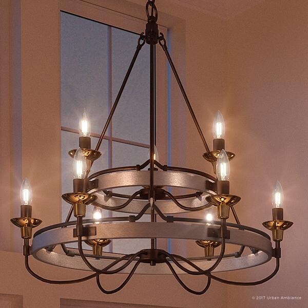 Luxury Transitional Chandelier, 33"H x 31"W, with Colonial Style, Brass and Bronze Accented Design, Aged Nickel Finish (60 to 100 Watts - Steel - - Chandeliers For Bedrooms by Overstock.com