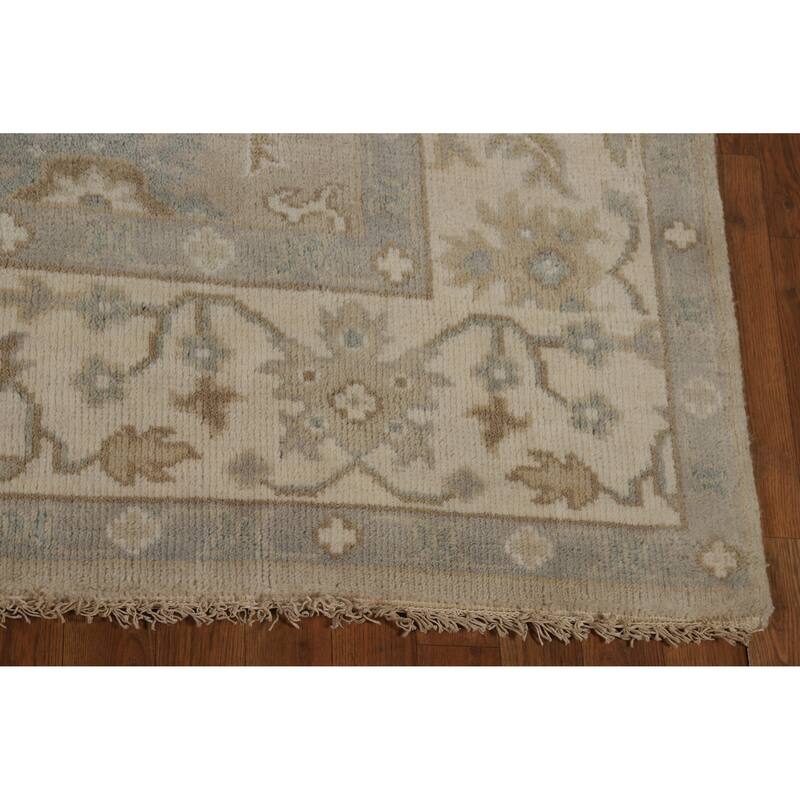 Transitional Beige Oushak Indian Area Rug Hand-Knotted Wool Carpet - 6'2" x 8'11"
