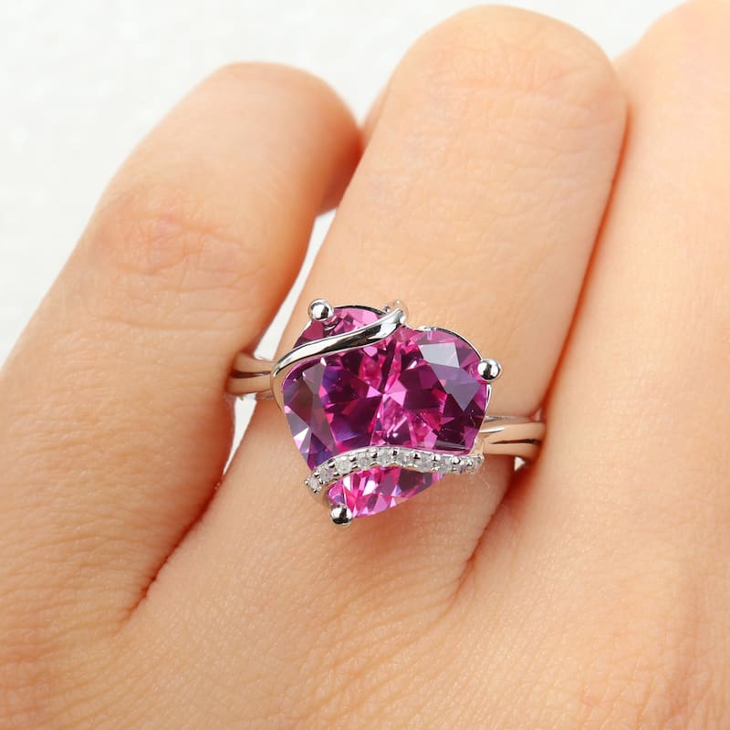 Miadora 7 1/4ct TGW Created Pink Sapphire and Diamond Accent Heart Wrapped Ring in Sterling Silver