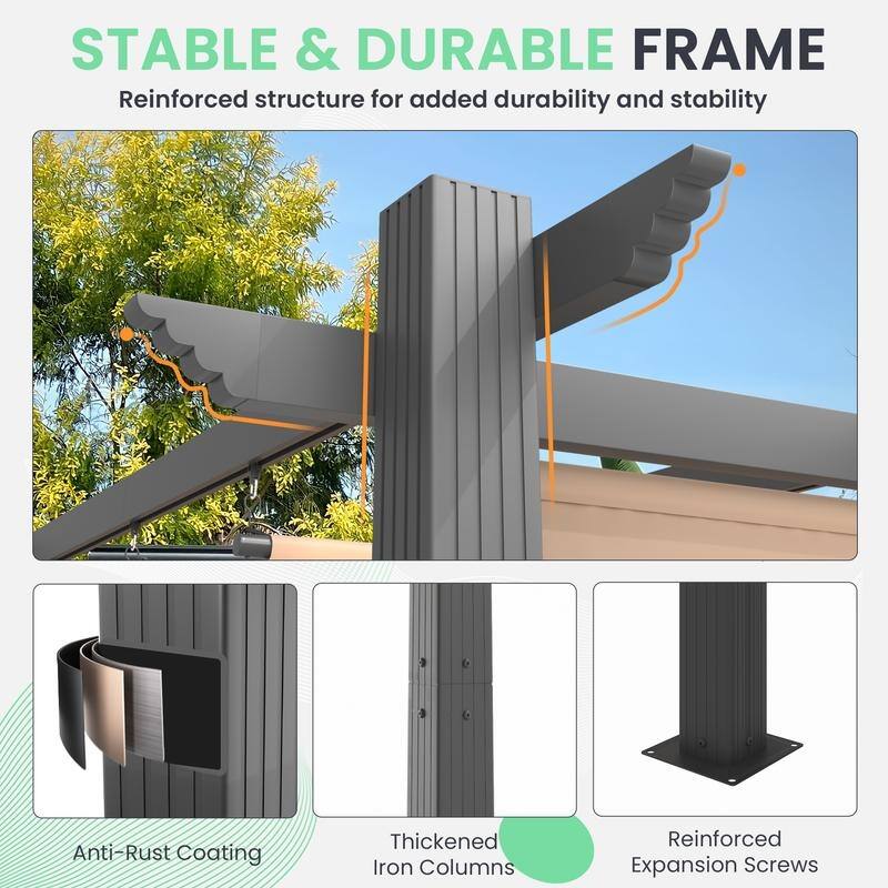 EROMMY 10' x 13' Outdoor Pergola with Retractable Canopy, Heavy-Duty Metal Frame and Adjustable Patio Shade Roof