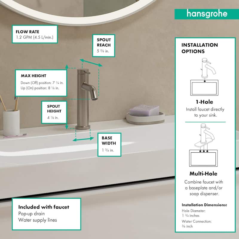 Hansgrohe 73314 Tecturis S 1.2 GPM Single Hole Bathroom Faucet with
